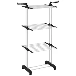 Tendedero de Ropa Plegable con Ruedas 3 Niveles con Alas Plegables y Colgadores 125x64x172 cm Negro y Blanco - Ogal.Es