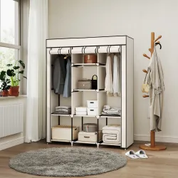 Armario de Tela Plegable Ropero Portátil con 8 Estantes y 2 Barras de Colgar para Dormitorio 125x43x162,5 cm Crema - Ogal.Es