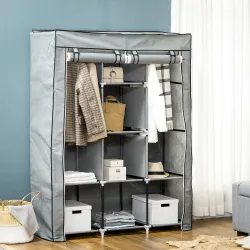 Armario de Tela Plegable Ropero Portátil con 8 Estantes y 2 Barras de Colgar para Dormitorio 125x43x162,5 cm Gris - Ogal.Es