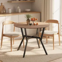 Mesa de Comedor Redonda de Estilo Industrial con Encimera de Madera y Marco de Acero Ø90x76 cm Marrón - Ogal.Es