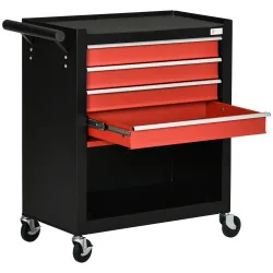 Carro de Herramientas con Ruedas 4 Cajones Compartimento de Almacenaje y Asa Lateral 69x33x75 cm Negro y Rojo - Ogal.Es