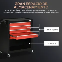 Carro de Herramientas con Ruedas 4 Cajones Compartimento de Almacenaje y Asa Lateral 69x33x75 cm Negro y Rojo - Ogal.Es
