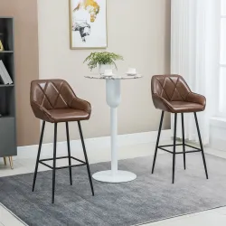Juego de 2 Taburetes Altos Tapizado en PU con Respaldo Alto Patas de Acero y Reposapiés 50x47,5x102,5 cm Marrón - Ogal.Es
