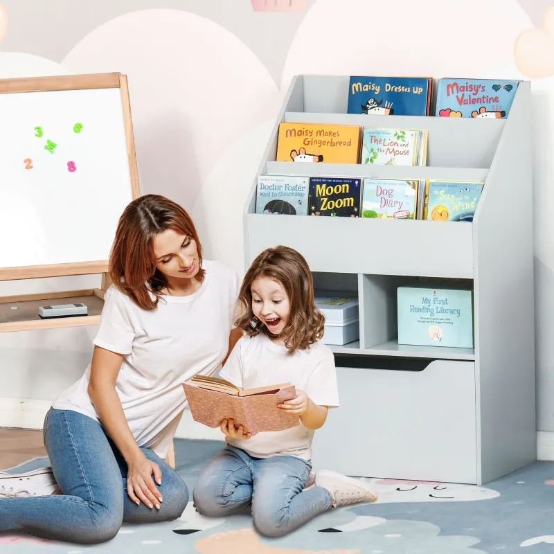 Estantería Infantil de Madera con 3 Compartimentos 2 Cubos y Cajón Móvil con 4 Ruedas 60x29,9x90 cm Gris - Ogal.Es