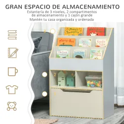 Estantería Infantil de Madera con 3 Compartimentos 2 Cubos y Cajón Móvil con 4 Ruedas 60x29,9x90 cm Gris - Ogal.Es