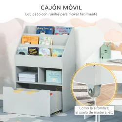 Estantería Infantil de Madera con 3 Compartimentos 2 Cubos y Cajón Móvil con 4 Ruedas 60x29,9x90 cm Gris - Ogal.Es