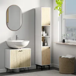 Mueble para Debajo del Lavabo Armario Bajo con 2 Puertas Estante y Patas de Acero 60x30x60 cm Roble y Blanco - Ogal.Es