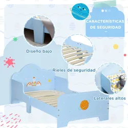 Cama Infantil para Niños de 3-6 Años Cama de Madera con Laterales de Protección Carga Máx. 80kg 143x74x59cm Azul - Ogal.Es