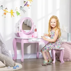 Tocador de Madera Infantil con Taburete y Espejo Centro de Belleza con 1 Cajón para 3-6 Años 65,5x46x93 cm Rosa - Ogal.Es