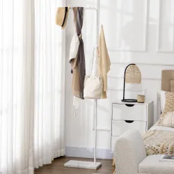 Perchero de Pie con Base de Mármol Barra y 2 Ganchos de Metal para Dormitorio Pasillo 35x25x170 cm Blanco - Ogal.Es