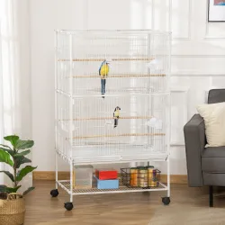 Jaula para Pájaros con Ruedas 78x52x132 cm con Bandeja Extraíble y Estante para Canarios Periquitos Blanco - Ogal.Es