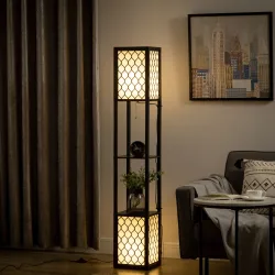 Lámpara de Pie de Madera con Estantes e Interruptor de Cadena para Salón Dormitorio 26x26x156 cm Negro y Blanco - Ogal.Es