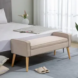 Baúl de Almacenaje Tapizado en Lino con Tapa Abatible y Patas de Madera para Dormitorio Salón 120x45x54 cm Beige - Ogal.Es