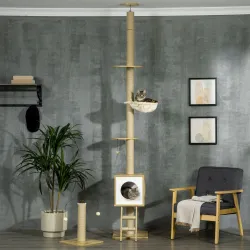 Árbol para Gatos de Suelo a Techo con Altura Ajustable y Juego de Entretenimiento Libre 40x40x225-285 cm Beige - Ogal.Es