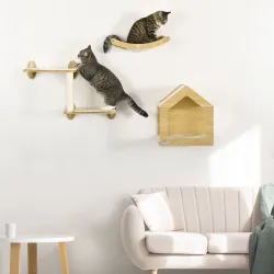 Juego de Escalada para Gatos de 3 Piezas Set de Pared con Estantes Cama Hamaca y Poste de Sisal Color Roble - Ogal.Es