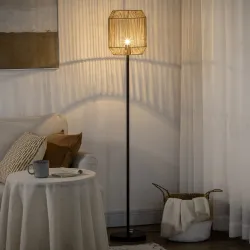 Lámpara de Pie para Salón con Pantalla de Cuerda de Papel para Salón Dormitorio Ø26x164 cm Natural y Negro - Ogal.Es