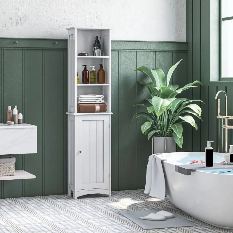 Columna de Baño con 3 Compartimientos Puerta y Estantes Ajustables para Ducha Aseo 34x23x165 cm Blanco - Ogal.Es