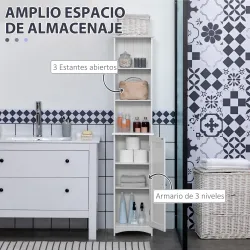 Columna de Baño con 3 Compartimientos Puerta y Estantes Ajustables para Ducha Aseo 34x23x165 cm Blanco - Ogal.Es