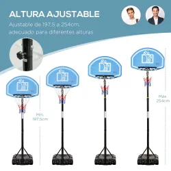 Canasta de Baloncesto para Exterior Altura Ajustable 160-210 cm con Ruedas y Base Rellenable 76x48x254 cm Negro - Ogal.Es