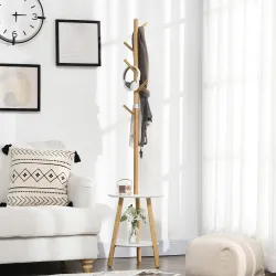 2 en 1 Perchero de Pie de Bambú con 2 Estantes 5 Ganchos para Ropa Bolsos para Entrada 39,5x39,5x171 cm Natural - Ogal.Es