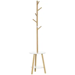 2 en 1 Perchero de Pie de Bambú con 2 Estantes 5 Ganchos para Ropa Bolsos para Entrada 39,5x39,5x171 cm Natural - Ogal.Es