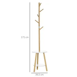 2 en 1 Perchero de Pie de Bambú con 2 Estantes 5 Ganchos para Ropa Bolsos para Entrada 39,5x39,5x171 cm Natural - Ogal.Es