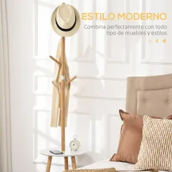 2 en 1 Perchero de Pie de Bambú con 2 Estantes 5 Ganchos para Ropa Bolsos para Entrada 39,5x39,5x171 cm Natural - Ogal.Es