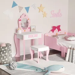 Tocador de Madera Infantil con Taburete y Espejo Centro de Belleza con 1 Cajón para 3-6 Años 50x36,5x89,5cm Rosa - Ogal.Es