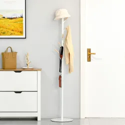 Perchero de Pie de Madera con 6 Ganchos para Ropas Bolsos para Salón Entrada Dormitorio 35x35x174 cm Blanco - Ogal.Es