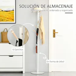 Perchero de Pie de Madera con 6 Ganchos para Ropas Bolsos para Salón Entrada Dormitorio 35x35x174 cm Blanco - Ogal.Es
