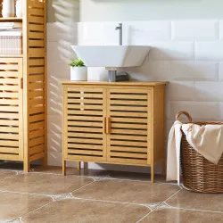 Mueble para Debajo del Lavabo de Bambú Armario de Baño de Suelo con 2 Puertas 66x29x61,5 cm Natural - Ogal.Es