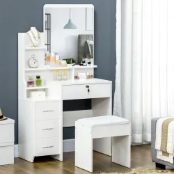 Tocador de Maquillaje con Taburete y Espejo de Estilo Moderno con 4 Cajones 4 Compartimientos 80x38x143 cm Blanco - Ogal.Es