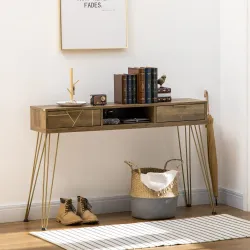 Consola Mueble Recibidor de Entrada con 2 Cajones Estante Abierto y Patas de Acero 120x29x79 cm Madera y Bronce - Ogal.Es