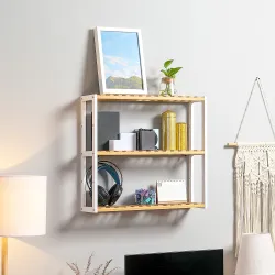 Estantería de Pared de Bambú con 3 Estantes Flotantes para Salón Dormitorio Cocina 60x15x54 cm Natural y Blanco - Ogal.Es