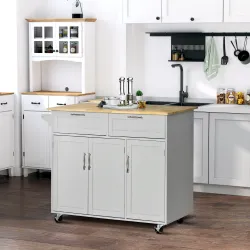 Carro de Cocina con Ruedas Isla de Cocina con 2 Cajones y Barra para Colgar para Comedor 121x46x91 cm Gris - Ogal.Es