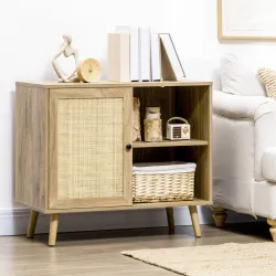 Aparador Mueble Auxiliar de Cocina con Puerta de Ratán y 2 Estantes de Almacenaje para Salón 80x39x70 cm Natural - Ogal.Es