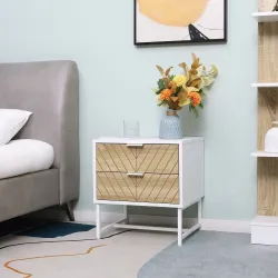 Mesita de Noche con 2 Cajones con Patas de Acero Mesilla Auxiliar para Salón Dormitorio 45x39x48cm Blanco y Roble - Ogal.Es