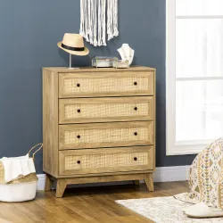 Cómoda con 4 Cajones Cajonera de Madera con Frontales de Ratán Estilo Cannage para Dormitorio 80x35x95 cm Natural - Ogal.Es