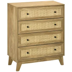 Cómoda con 4 Cajones Cajonera de Madera con Frontales de Ratán Estilo Cannage para Dormitorio 80x35x95 cm Natural - Ogal.Es