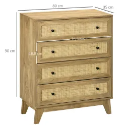 Cómoda con 4 Cajones Cajonera de Madera con Frontales de Ratán Estilo Cannage para Dormitorio 80x35x95 cm Natural - Ogal.Es