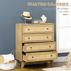 Cómoda con 4 Cajones Cajonera de Madera con Frontales de Ratán Estilo Cannage para Dormitorio 80x35x95 cm Natural - Ogal.Es
