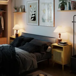 Mesita de Noche con Puerta de Rejilla Mesita Auxiliar para Dormitorio Salón Cama 39x35x60 cm Madera Natural - Ogal.Es