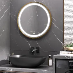 Espejo de Baño con Luz LED Táctil Función de Memoria Brillo y Color Ajustable y Reloj Ø60x4 cm Dorado - Ogal.Es