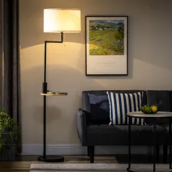 Lámpara de Pie con Mesita Auxiliar y Pantalla de Lino Interruptor de Cadena y Cargador USB Ø40x170 cm Natural - Ogal.Es