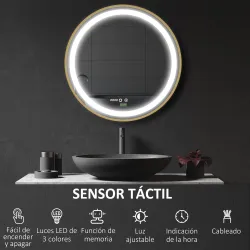 Espejo de Baño con Luz LED Táctil Función de Memoria Brillo y Color Ajustable y Reloj Ø60x4 cm Dorado - Ogal.Es