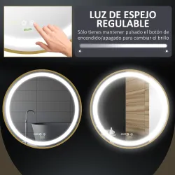Espejo de Baño con Luz LED Táctil Función de Memoria Brillo y Color Ajustable y Reloj Ø60x4 cm Dorado - Ogal.Es