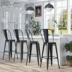 Juego de 4 Taburetes Altos de Cocina de Metal con Respaldo Alto y Reposapiés para Comedor 44x46x116 cm Negro - Ogal.Es