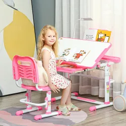 Escritorio y Silla para +6 Años con Altura Ajustable e Inclinable 80x49,5x82-104 cm y 35,5x43,5x63-73 cm Rosa - Ogal.Es