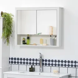 Armario de Pared con Espejo Armario Colgante con 2 Puertas de Vidrio y Estante de Almacenaje 80x20x65 cm Blanco - Ogal.Es