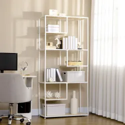 Estantería con Marco de Acero y Estantes de Melamina para Salón Oficina Estudio 83x34x180 cm Roble y Blanco - Ogal.Es